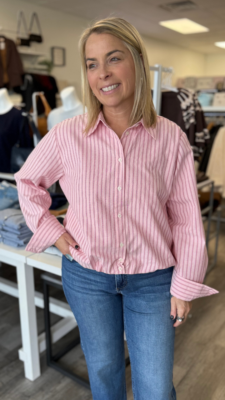 Pink Stripe Gathered Balloon Hem Top