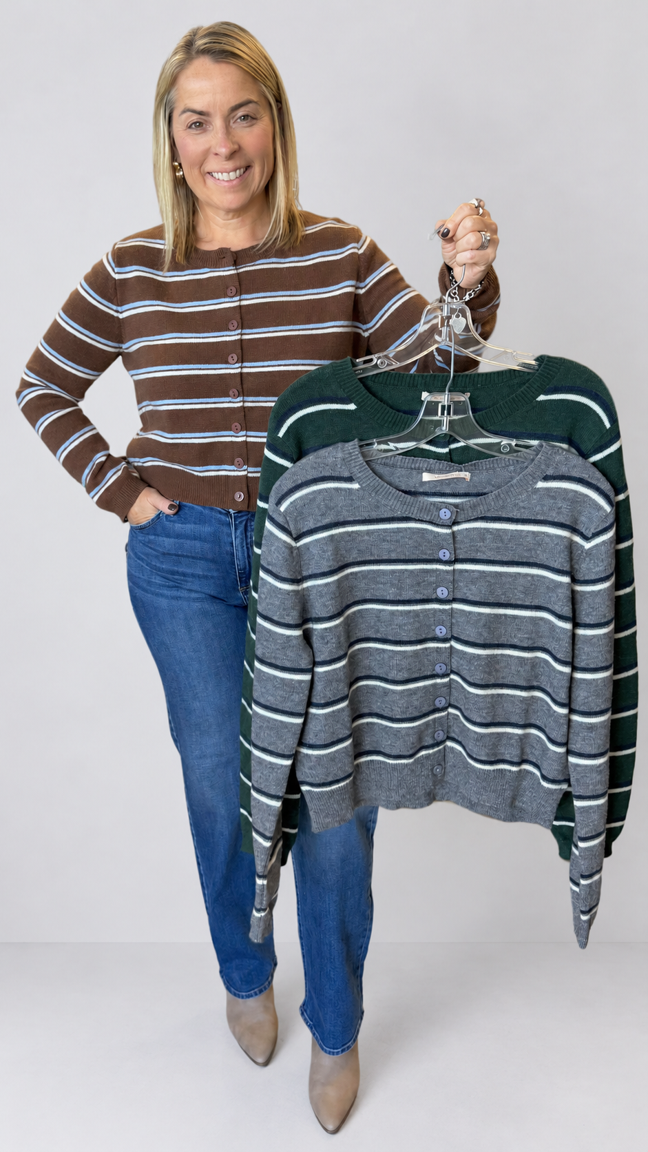 Coffee Light Blue And Cream Stripe Knit Cardigan Sweater