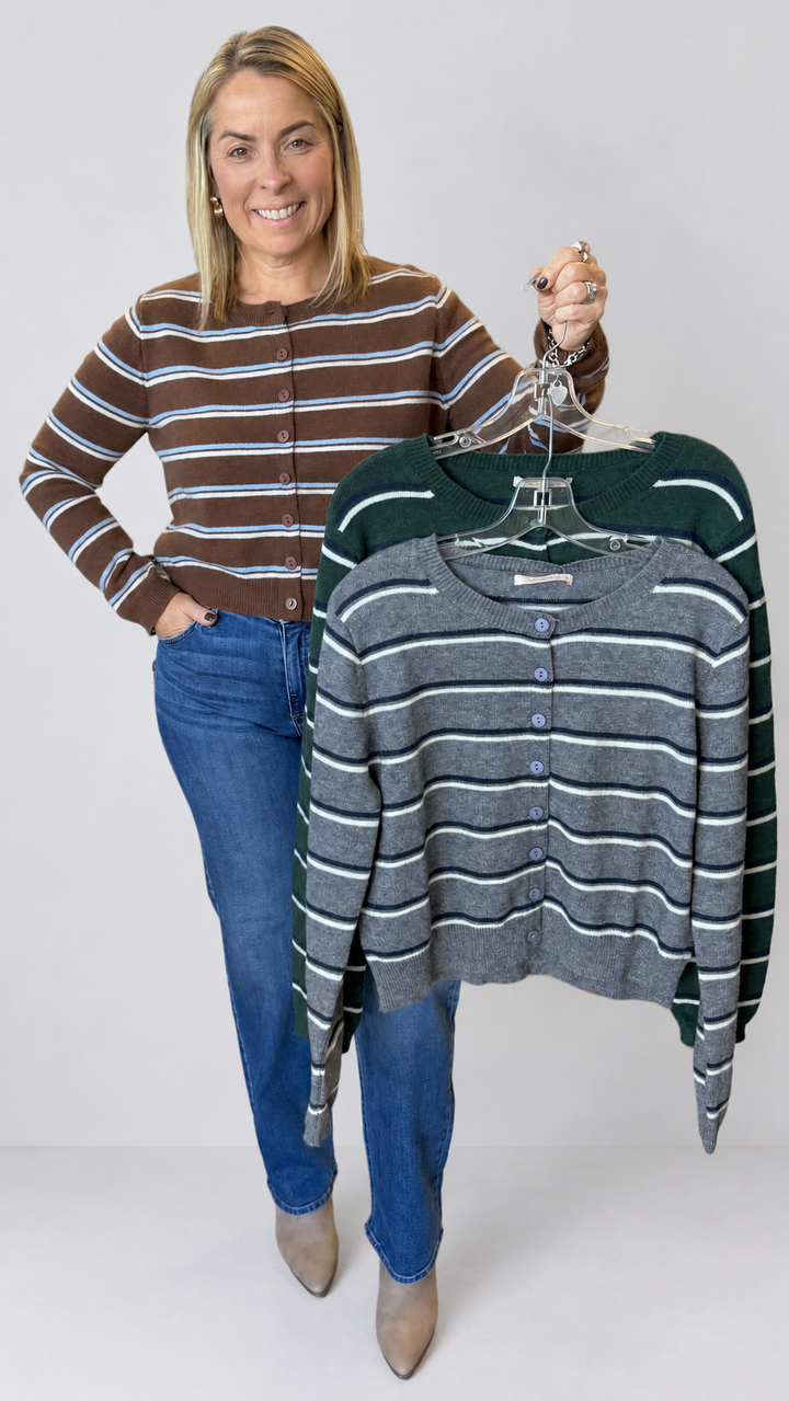 Coffee Light Blue And Cream Stripe Knit Cardigan Sweater