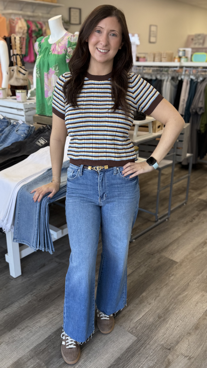 High Rise Medium Wash Scissor Cut Wide Leg Jeans
