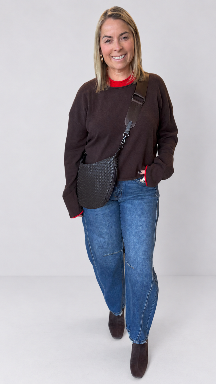 Coffee And Red Contrast Trim Knit Sweater