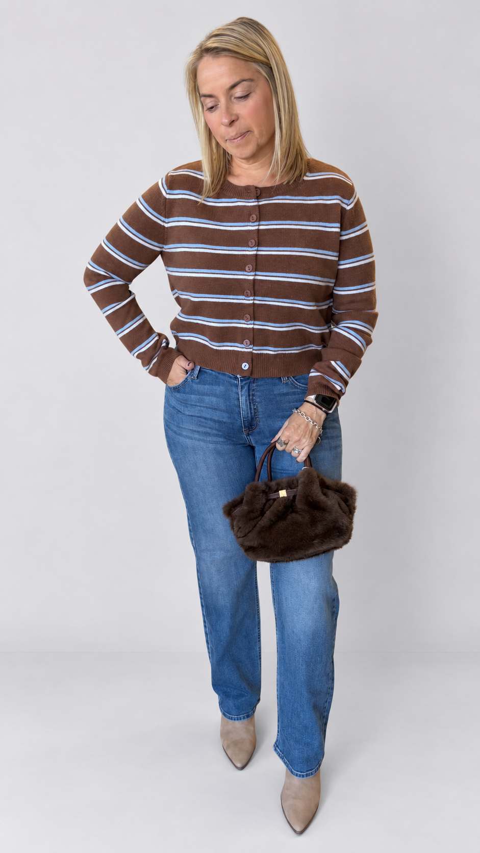 Coffee Light Blue And Cream Stripe Knit Cardigan Sweater