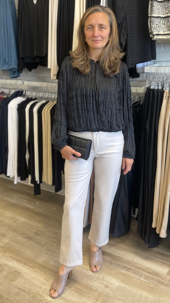 Cream Faux Leather Straight Pants
