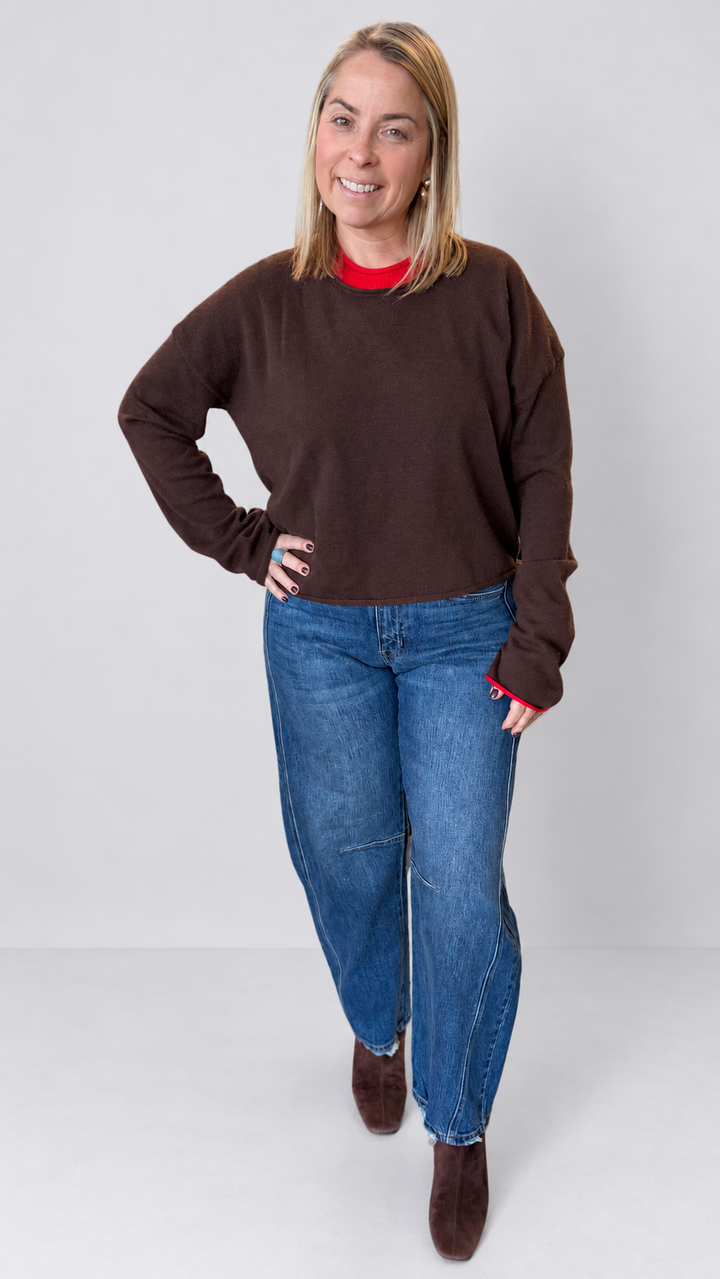 Coffee And Red Contrast Trim Knit Sweater