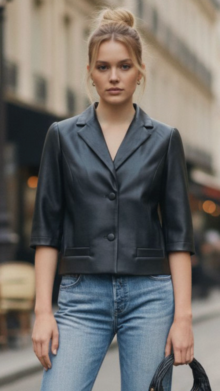 Black Faux Leather Short Sleeve Jacket