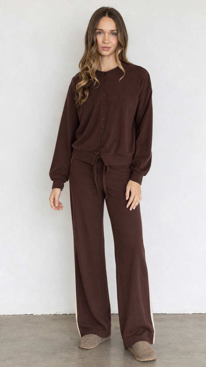 Chocolate Cardigan And Cream Side Stripe Knit Pants Set