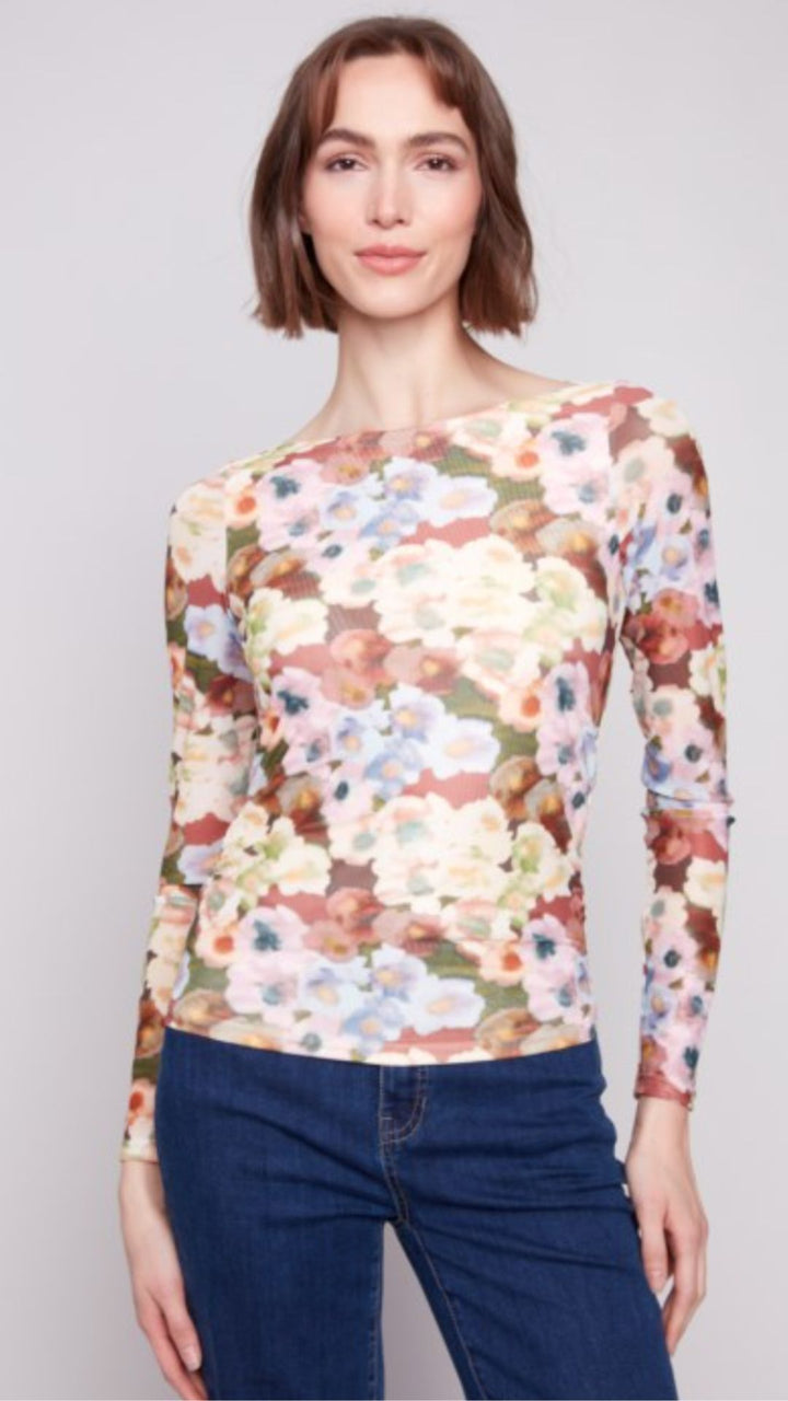 Botanical Printed Mesh Top With Gathering At Sides