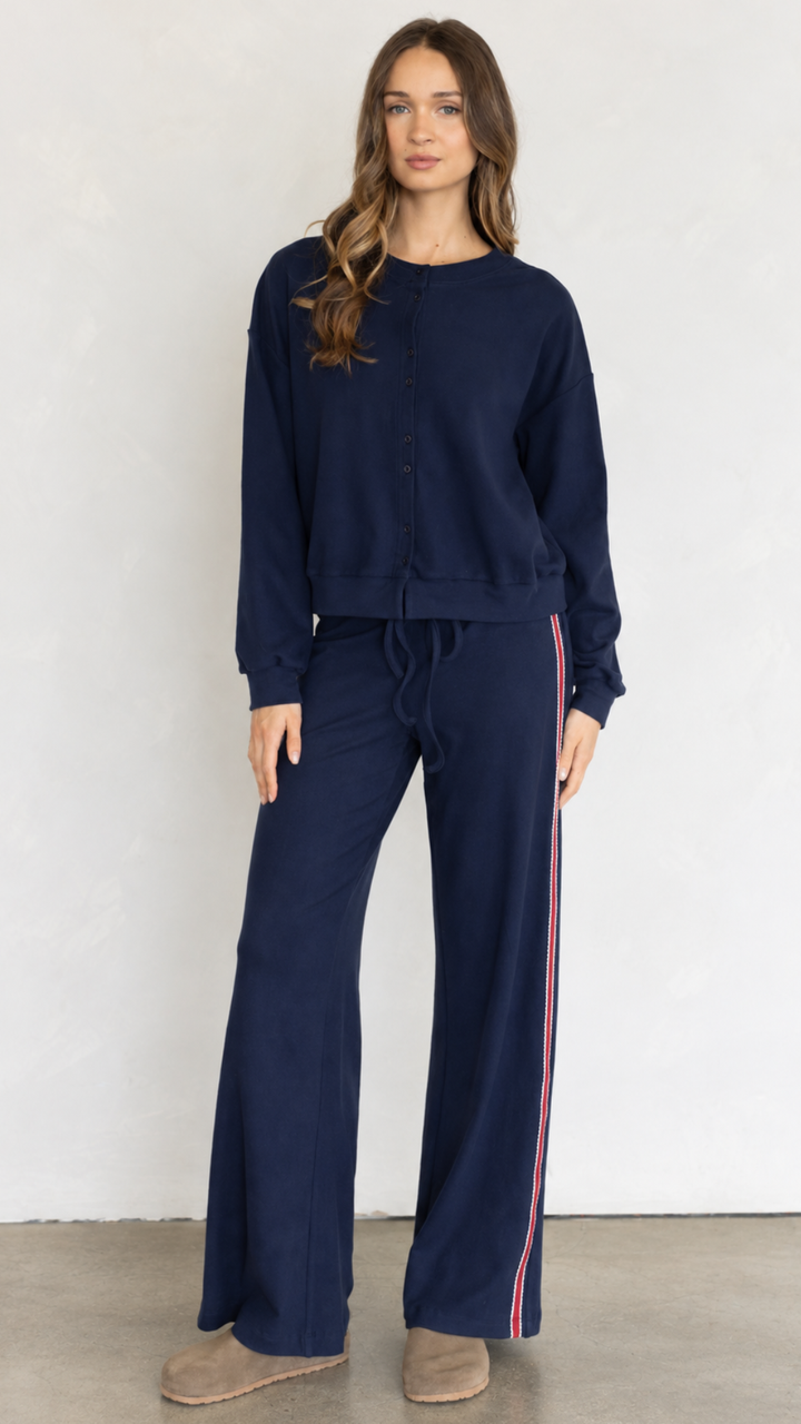 Navy Cardigan And Red Side Stripe Knit Pants Set