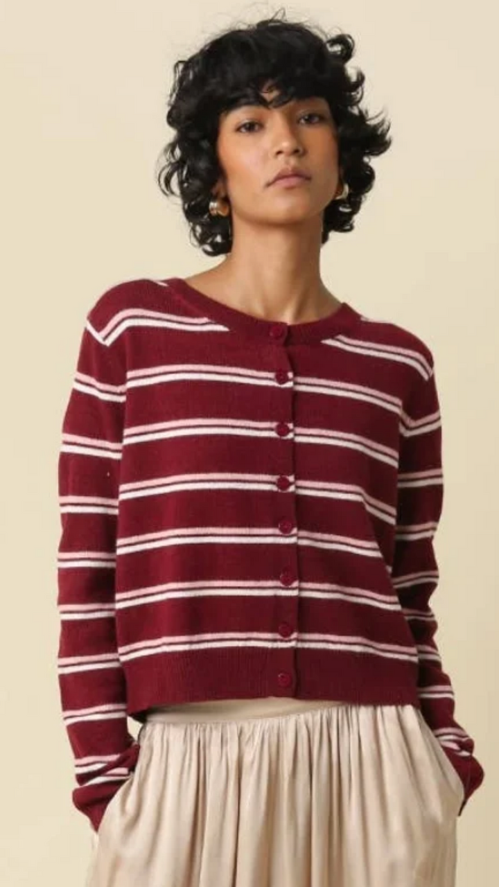 Burgundy Light Blue And Ivory Stripe Lightweight Cardigan