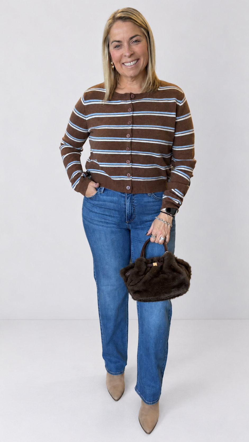 Coffee Light Blue And Cream Stripe Knit Cardigan Sweater