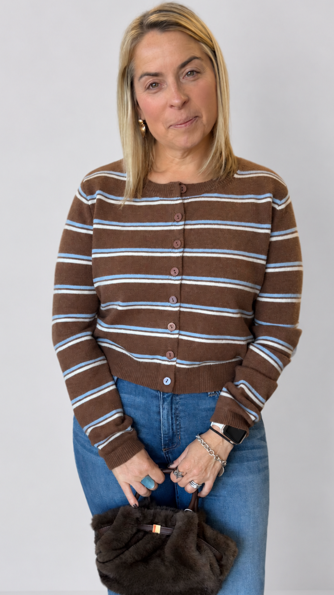 Coffee Light Blue And Cream Stripe Knit Cardigan Sweater