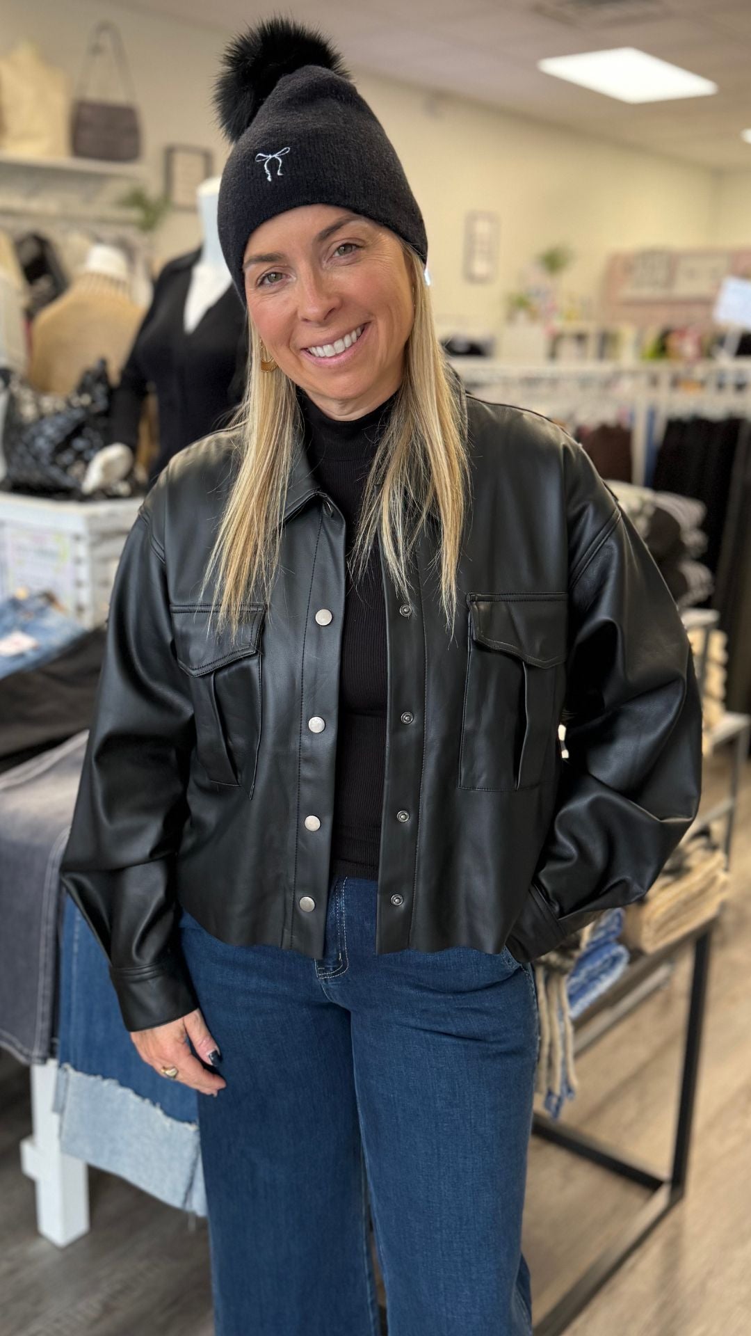 Black Faux Leather Buttoned Jacket
