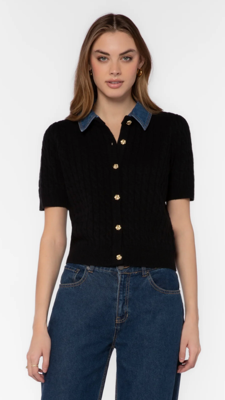 Denim Trim Short Sleeve Cable Knit Buttoned Top