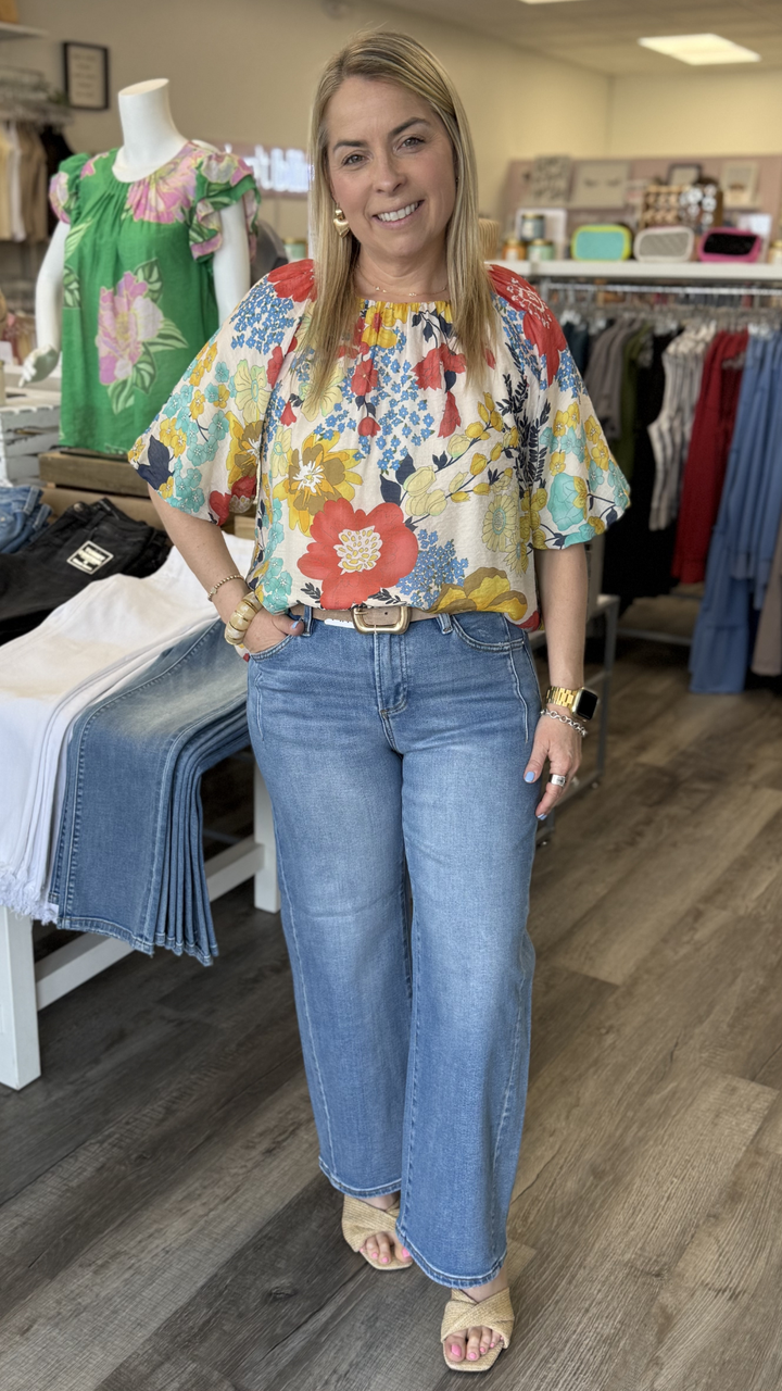 High Rise Light Medium Wash Slouchy Crop Wide Leg Jeans
