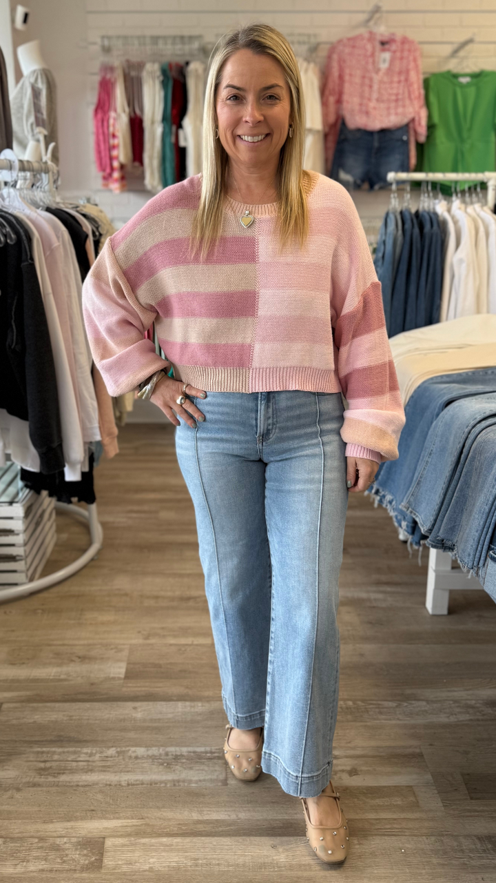 High Rise Light Wash Crop Wide Leg Jeans With Seam Detail