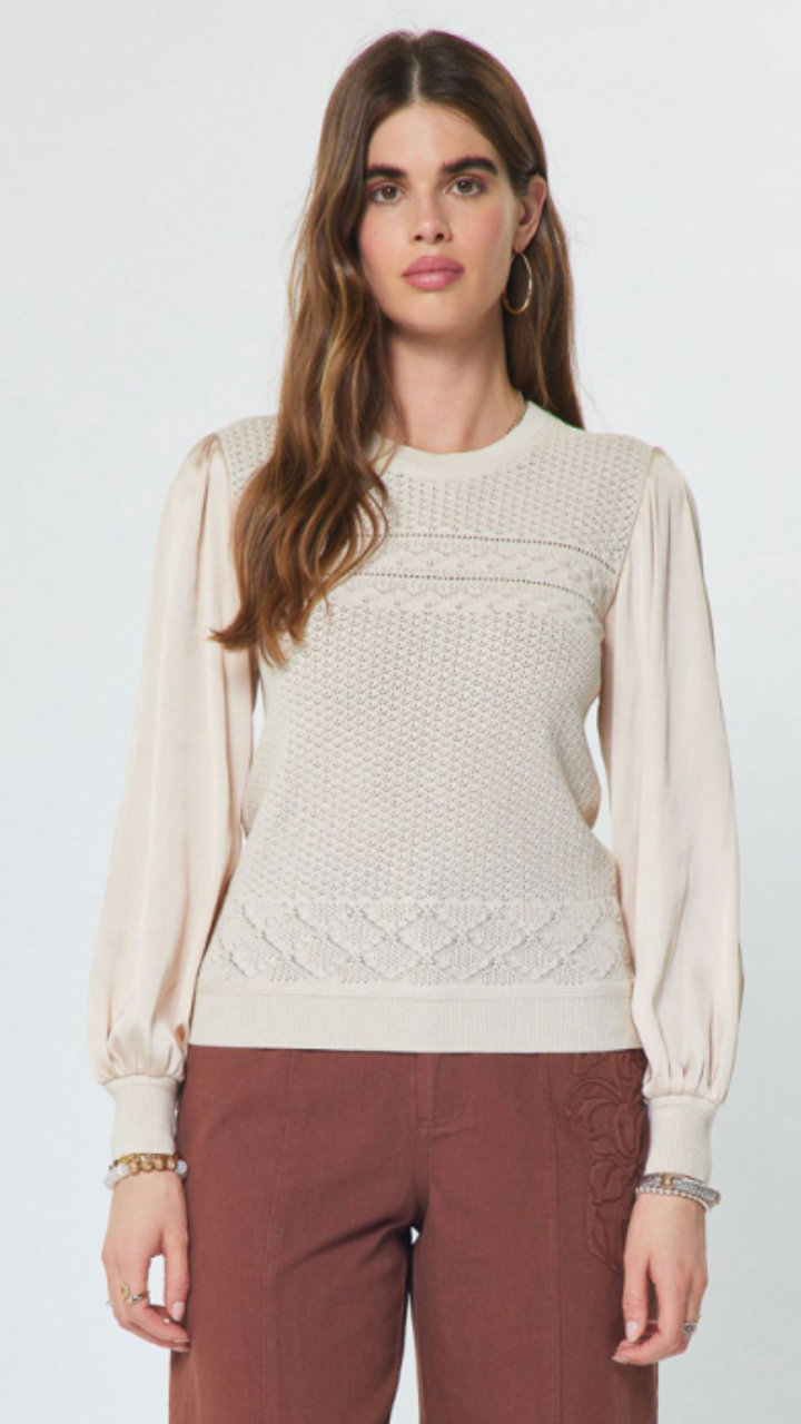 Champaign Pointelle Knit Mixed Media Top