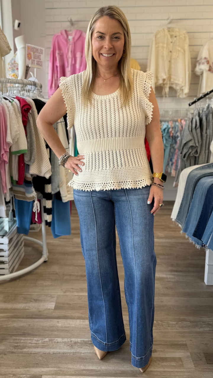 High Rise Tummy Control Medium Wash Wide Pintuck Leg Jeans