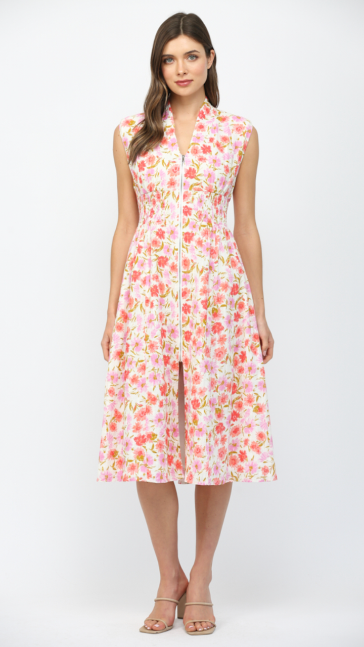 Floral Print Jacquard Cotton Front Zip Closure Midi Dress
