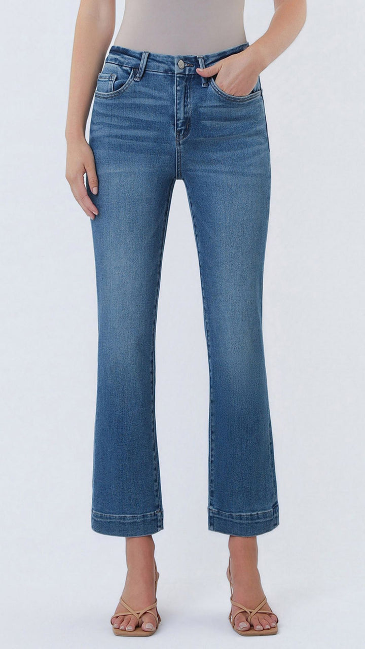 High Rise Medium Wash Seamless Waistband Trouser Hem Kick Flare Jeans