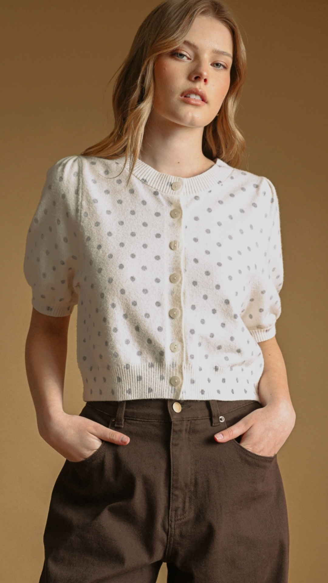 Polka Dot Printed Short Sleeve Button Front Cardigan