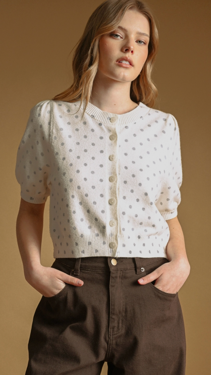 Polka Dot Printed Short Sleeve Button Front Cardigan