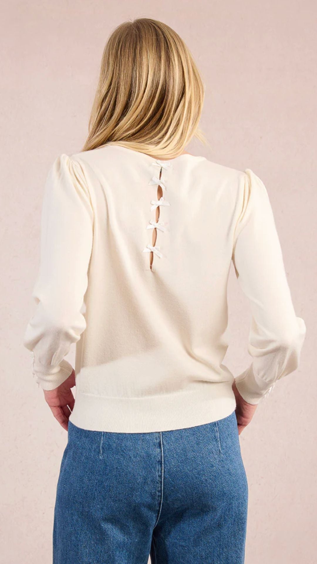 Off White Bow Detail Long Sleeve Knit Top