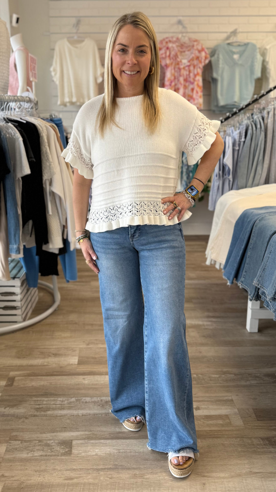 Pointelle Short Sleeve Ruffled Hem Sweater