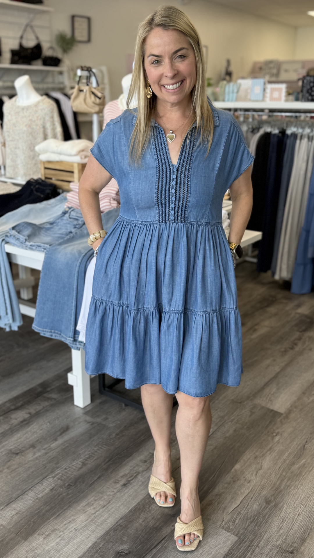 Chambray Flutter Sleeve Mini Dress
