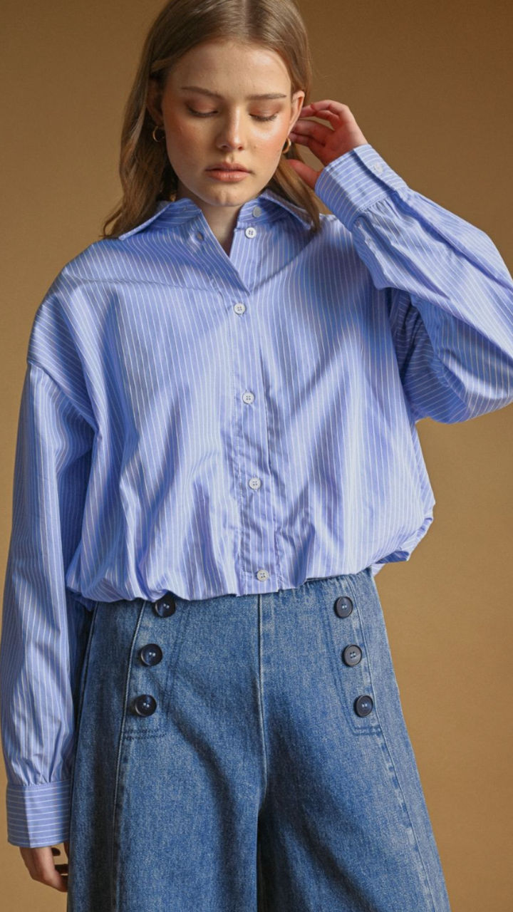 Striped Pattern Balloon Hem Buttondown Top