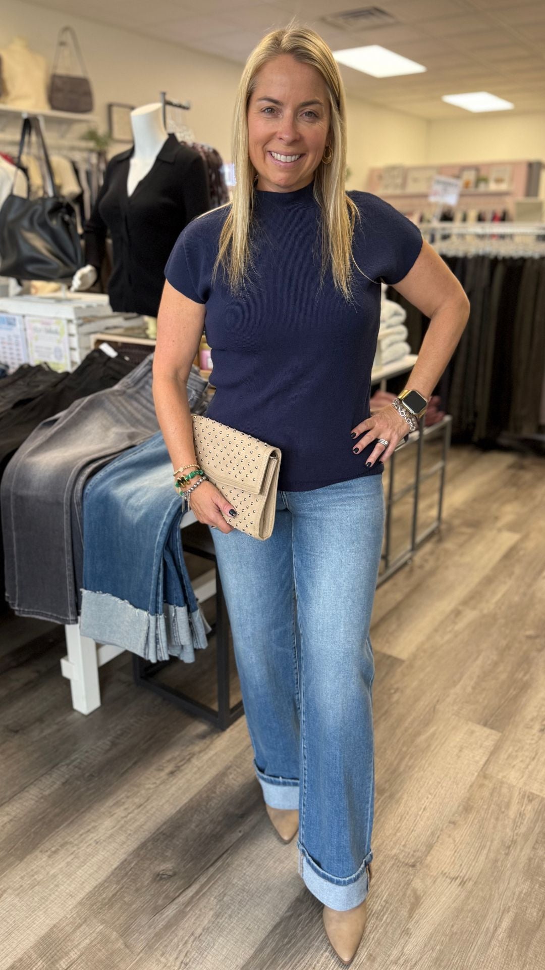 High Rise Medium Wash Full Length Cuffed Wide Jeans