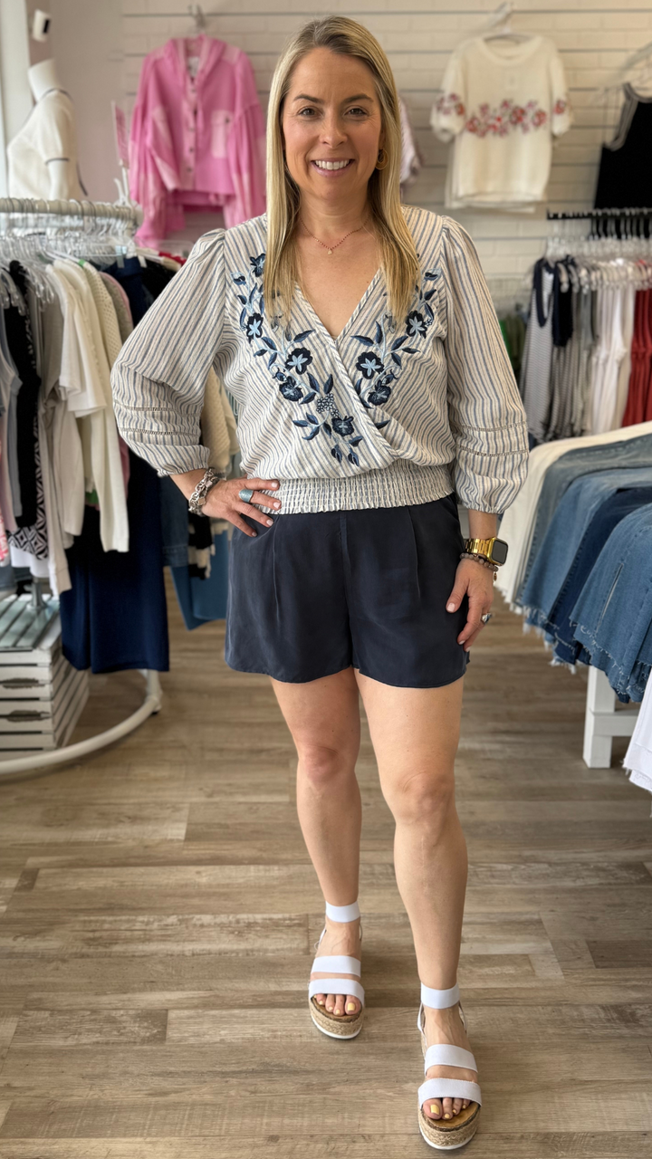 Embroidered Smocked Waist Stripe Surplice Top
