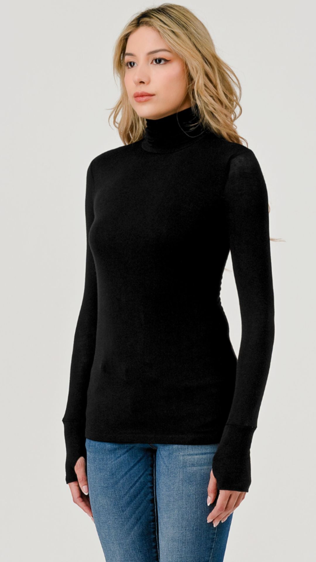 Black Double Layered Hacci Turtleneck Long Sleeve With Thumbholes