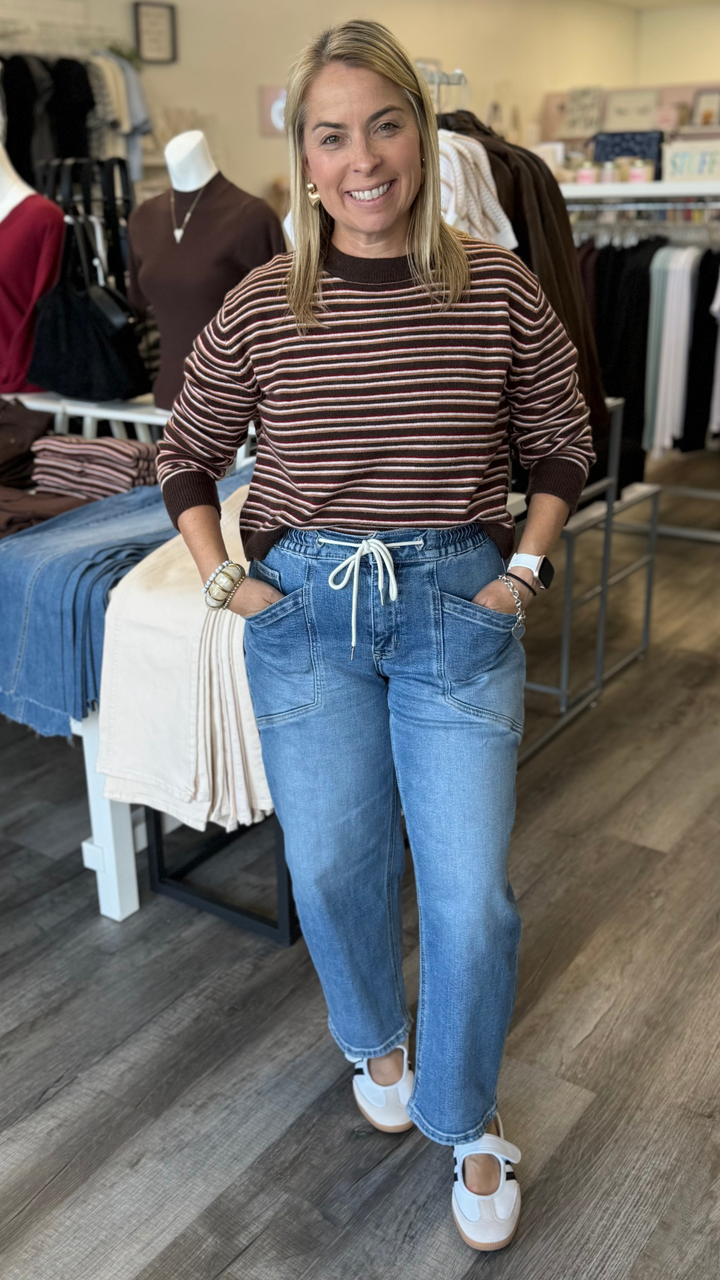 High Rise Elastic Waistband Wide Barrel Jeans