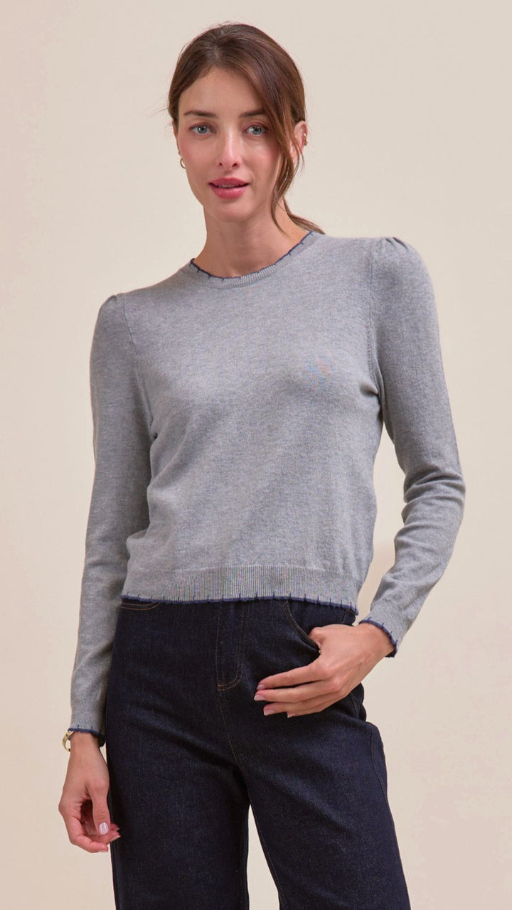 Heather Gray And Blue Contrast Knit Scalloped Edge Sweater