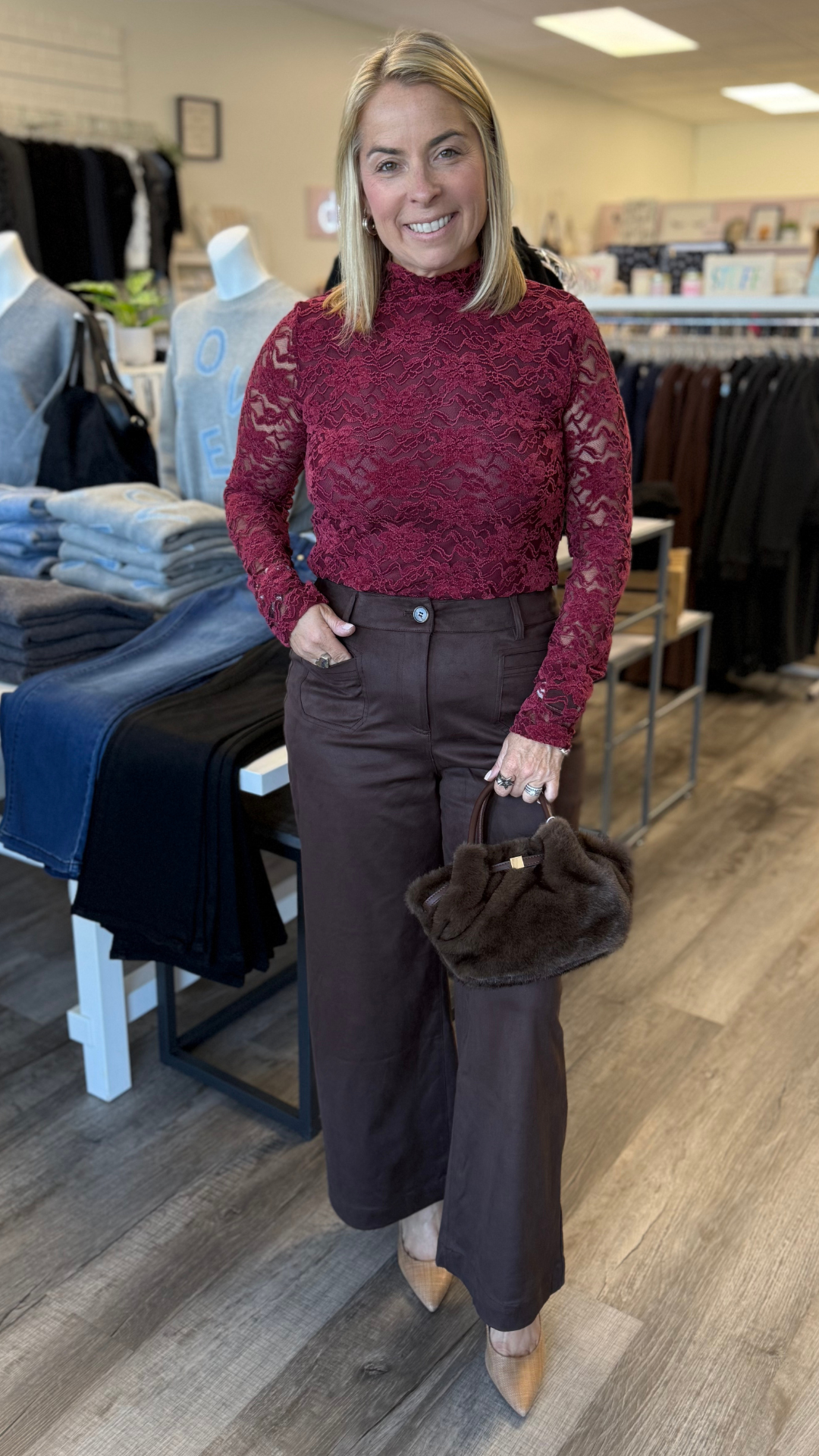 Coffee Faux Suede Cropped Wide Leg Pants