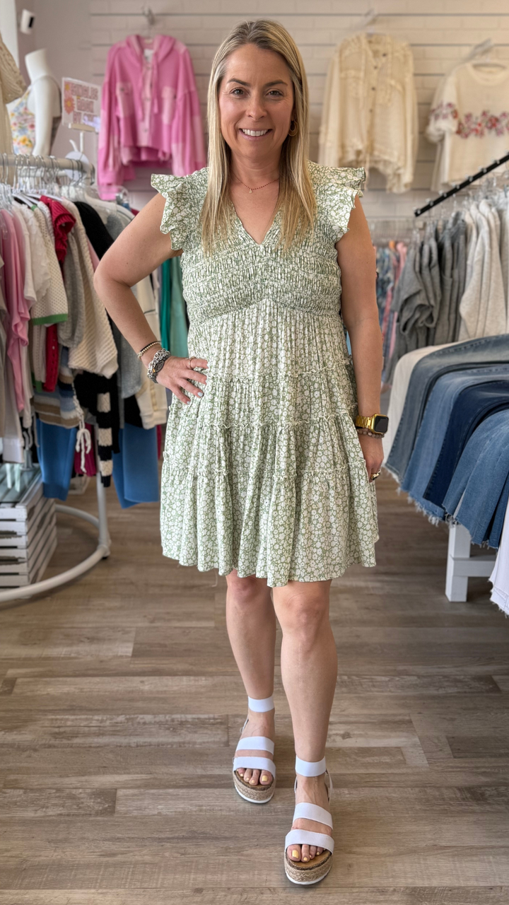 Sage Smocked V Neck Tiered Dress