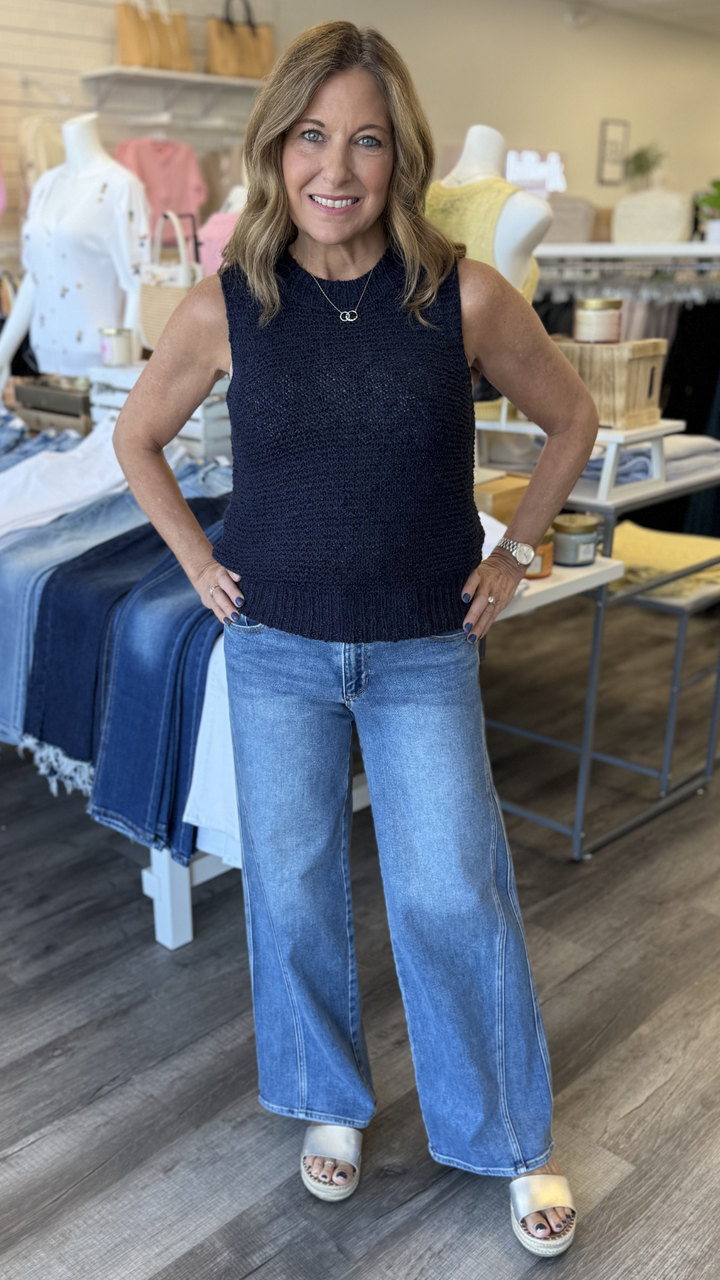 Mid Rise Medium Wash Full Length Seamed Wide Leg Jeans