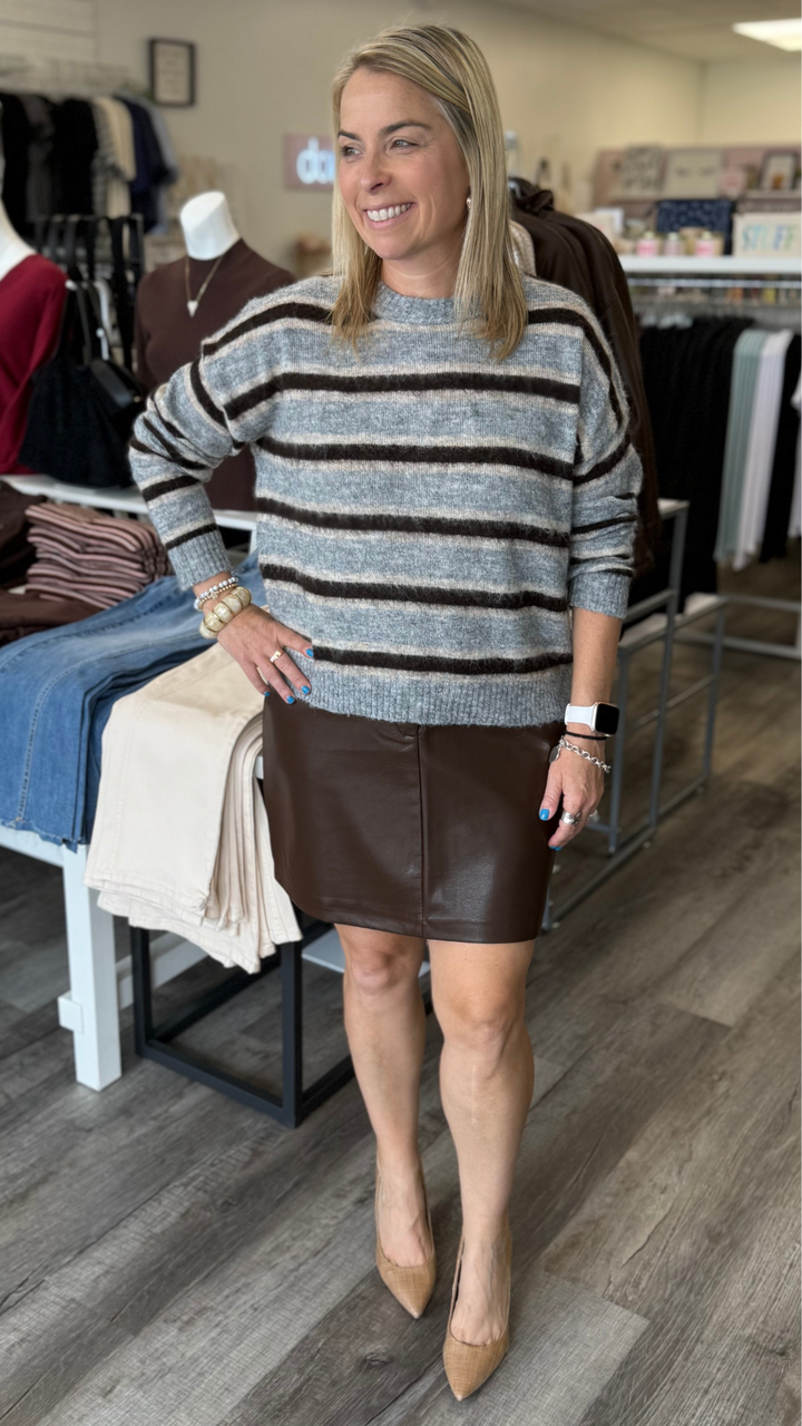 Heather Gray And Brown Stripe Sweater