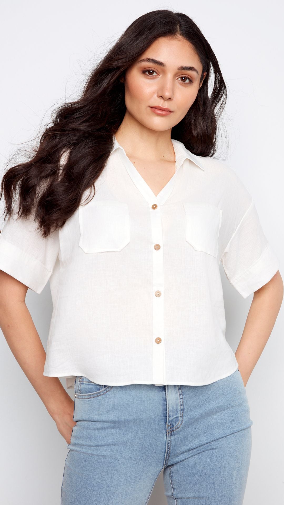 Short Sleeve Button Front Linen Blouse With Patch Pockets