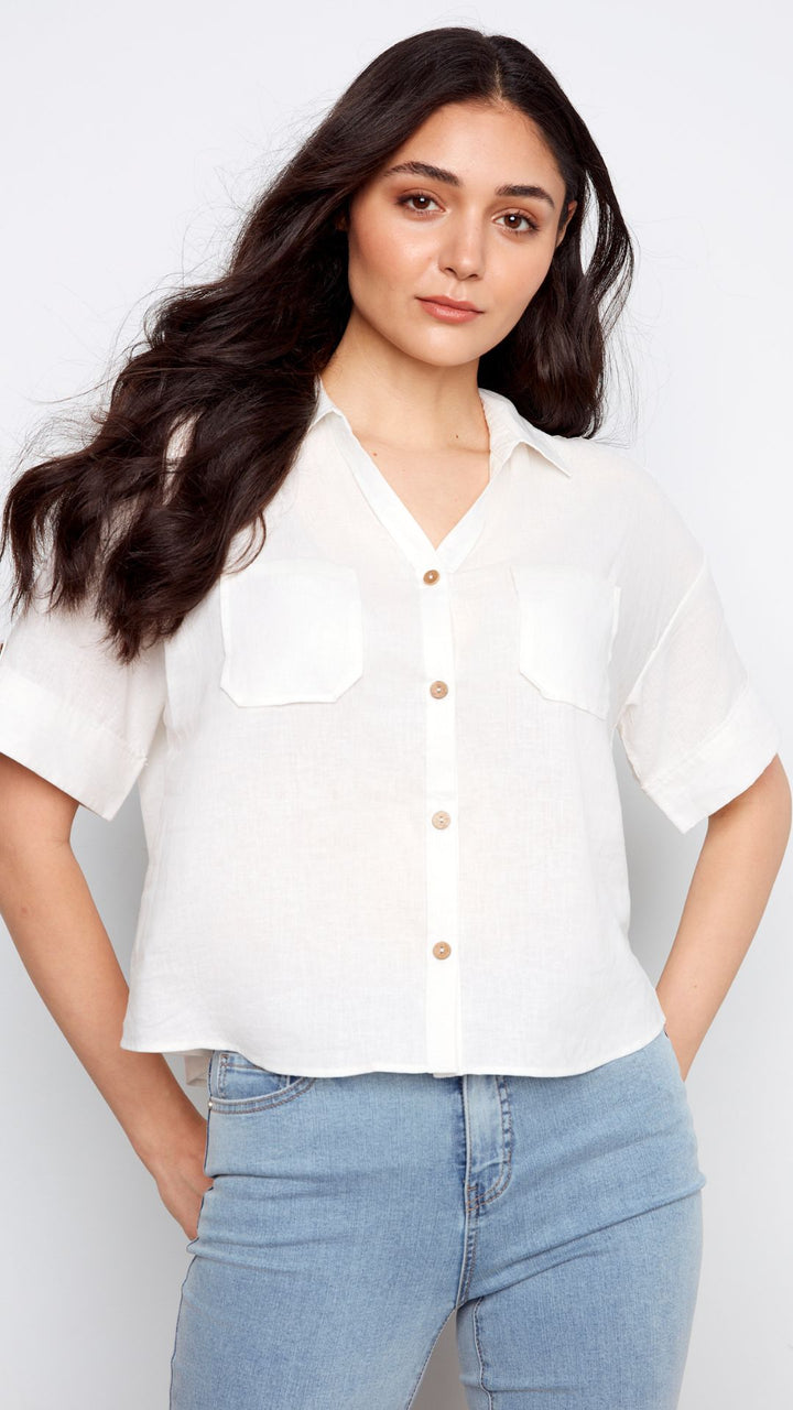 Short Sleeve Button Front Linen Blouse With Patch Pockets