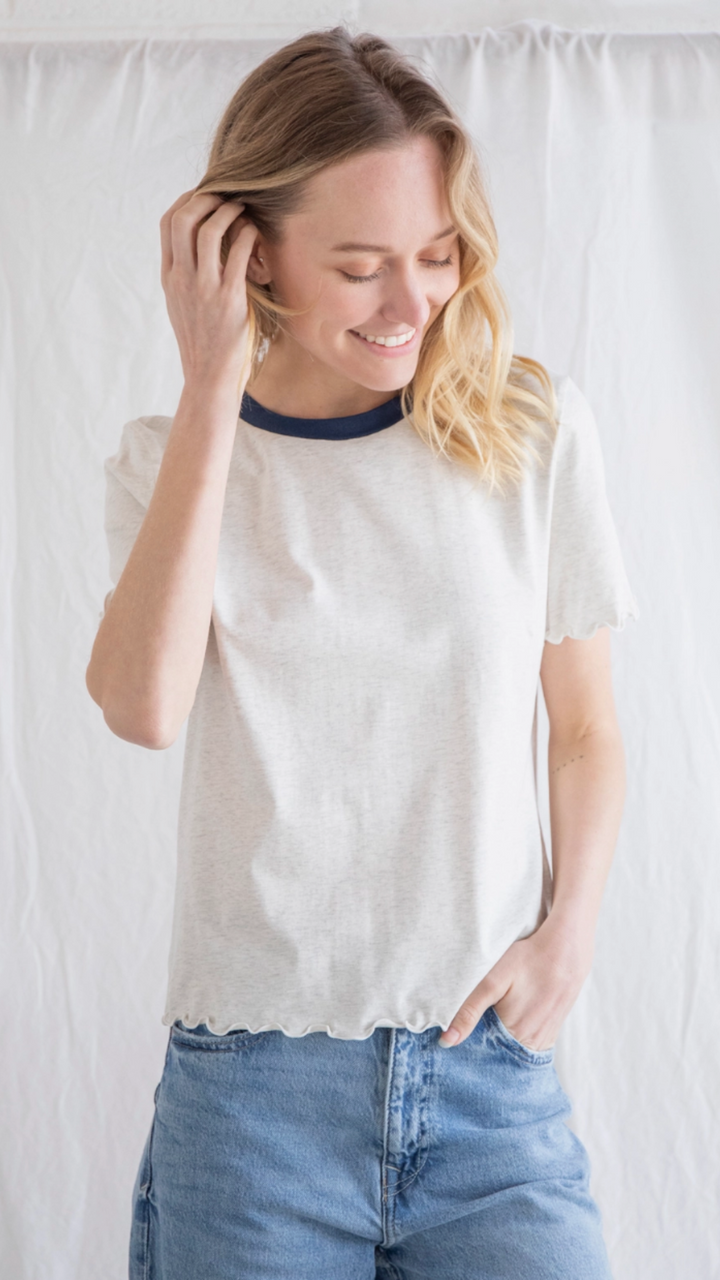 Navy Trim Lettuce Hem Top