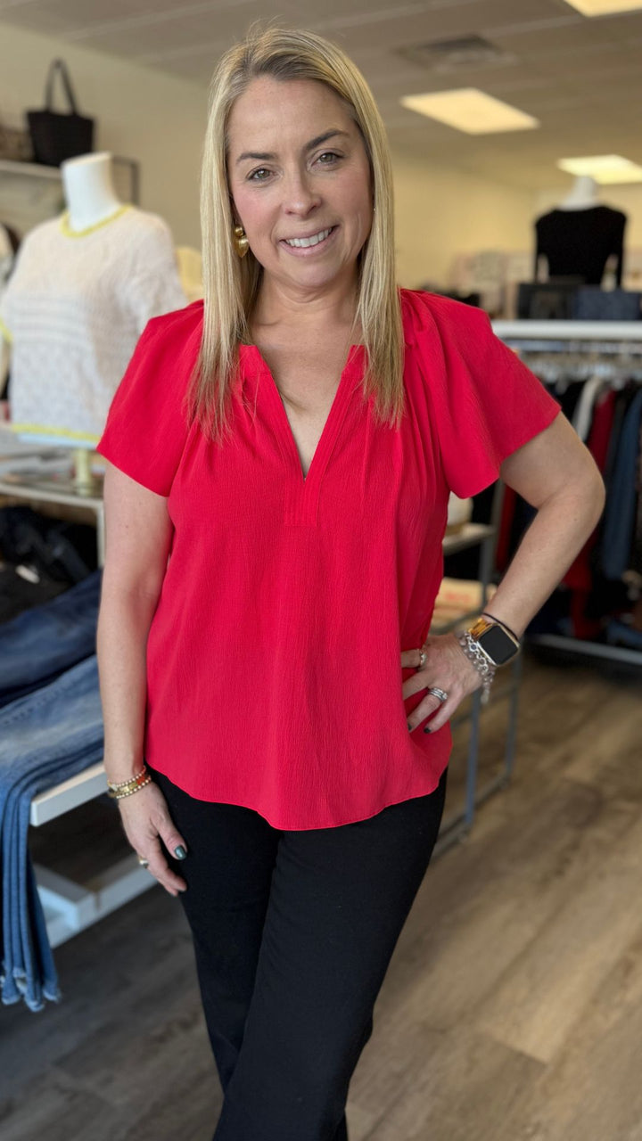Red Pin Tuck Pleated Detail Blouse