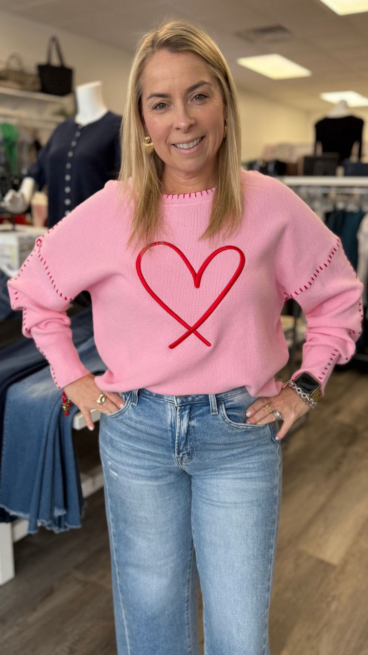 Heart Embroidered Sweater With Blanket Stitch