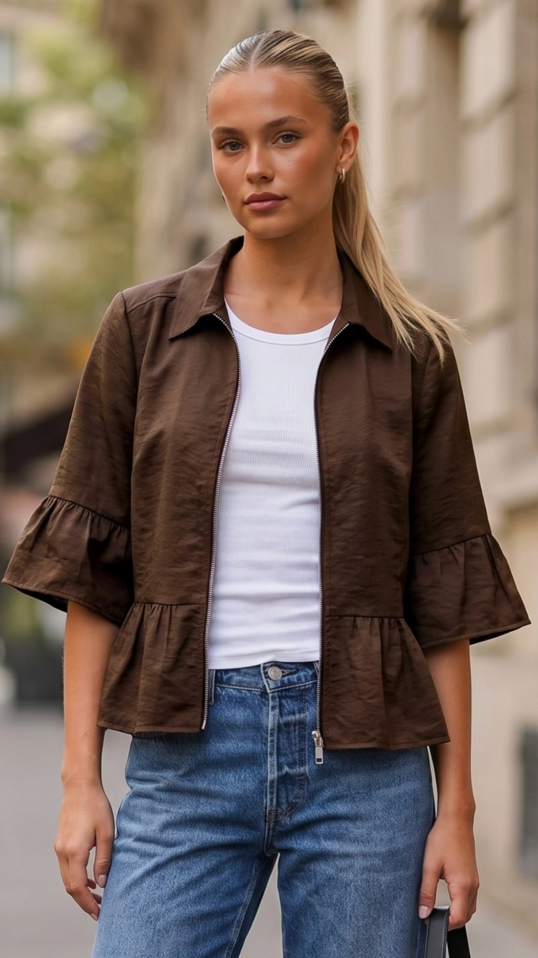Chocolate Ruffle Zip Jacket Blouse