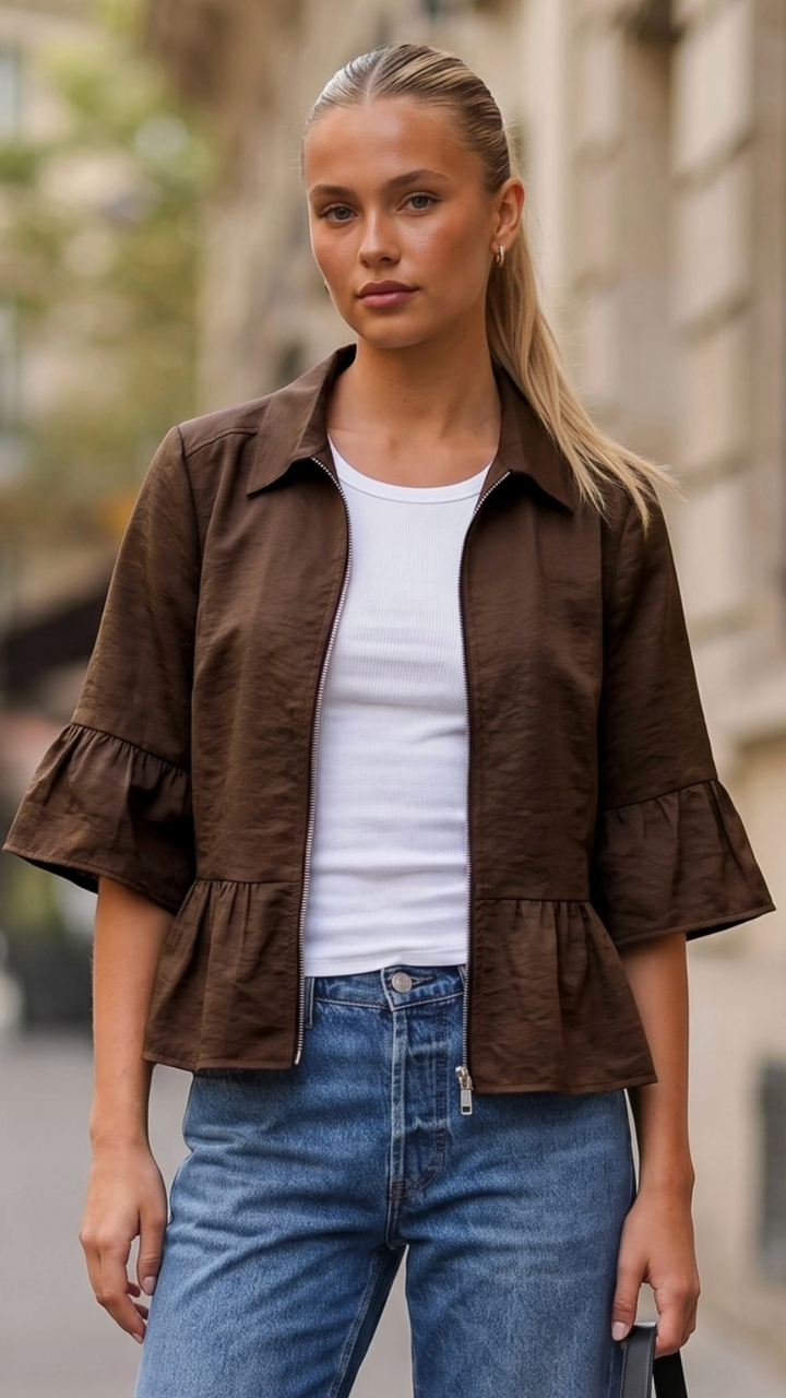 Chocolate Ruffle Zip Jacket Blouse