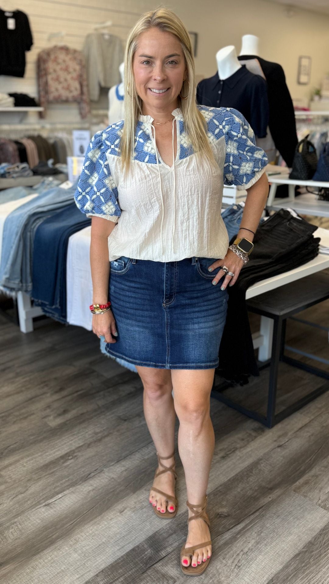 Embroidered Yoke Puff Sleeve Crinkle Top