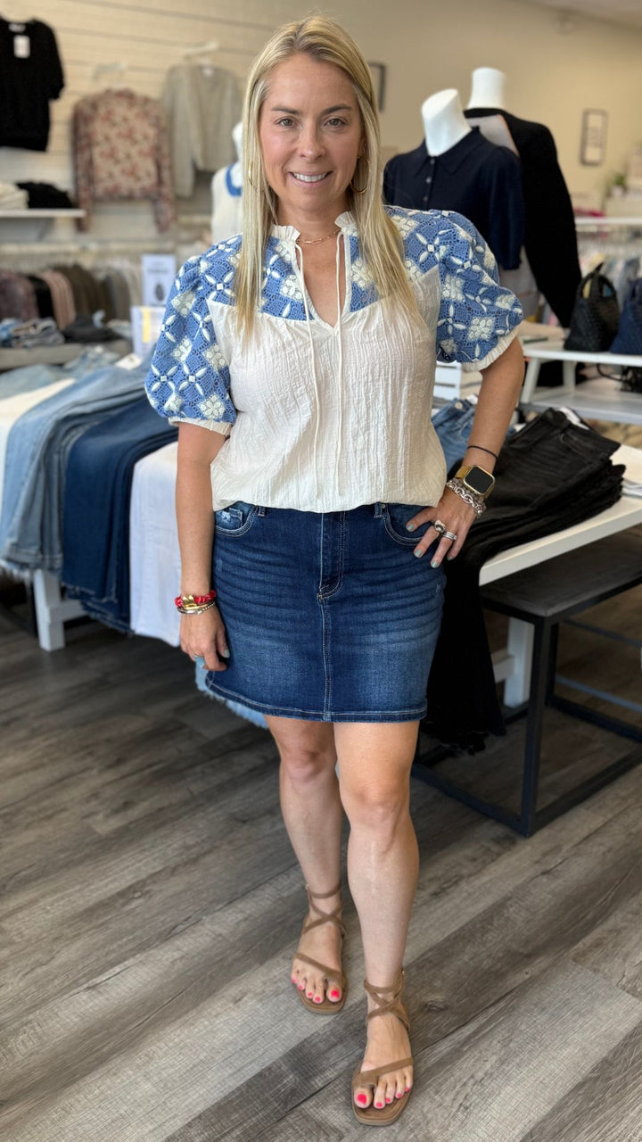 Embroidered Yoke Puff Sleeve Crinkle Top