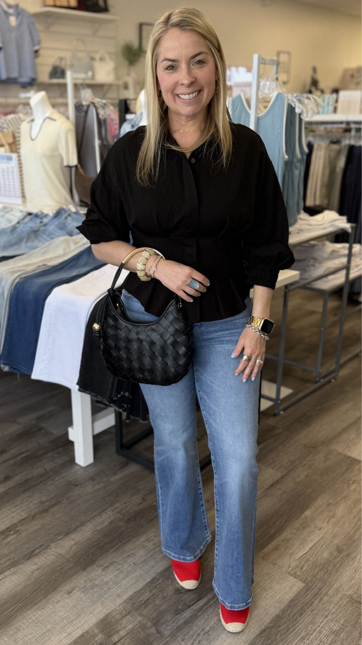 Black Dart Detail Quarter Sleeve Button Down Blouse