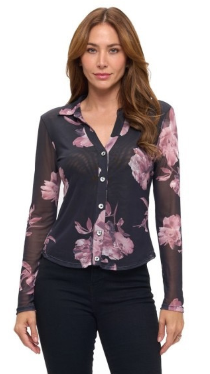 Pink Floral Collared Mesh Top